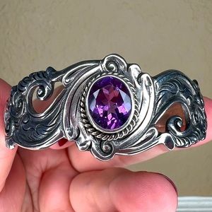 Vintage Sterling Silver and Amethyst Cuff, Ornate Bracelet, February Birthstone